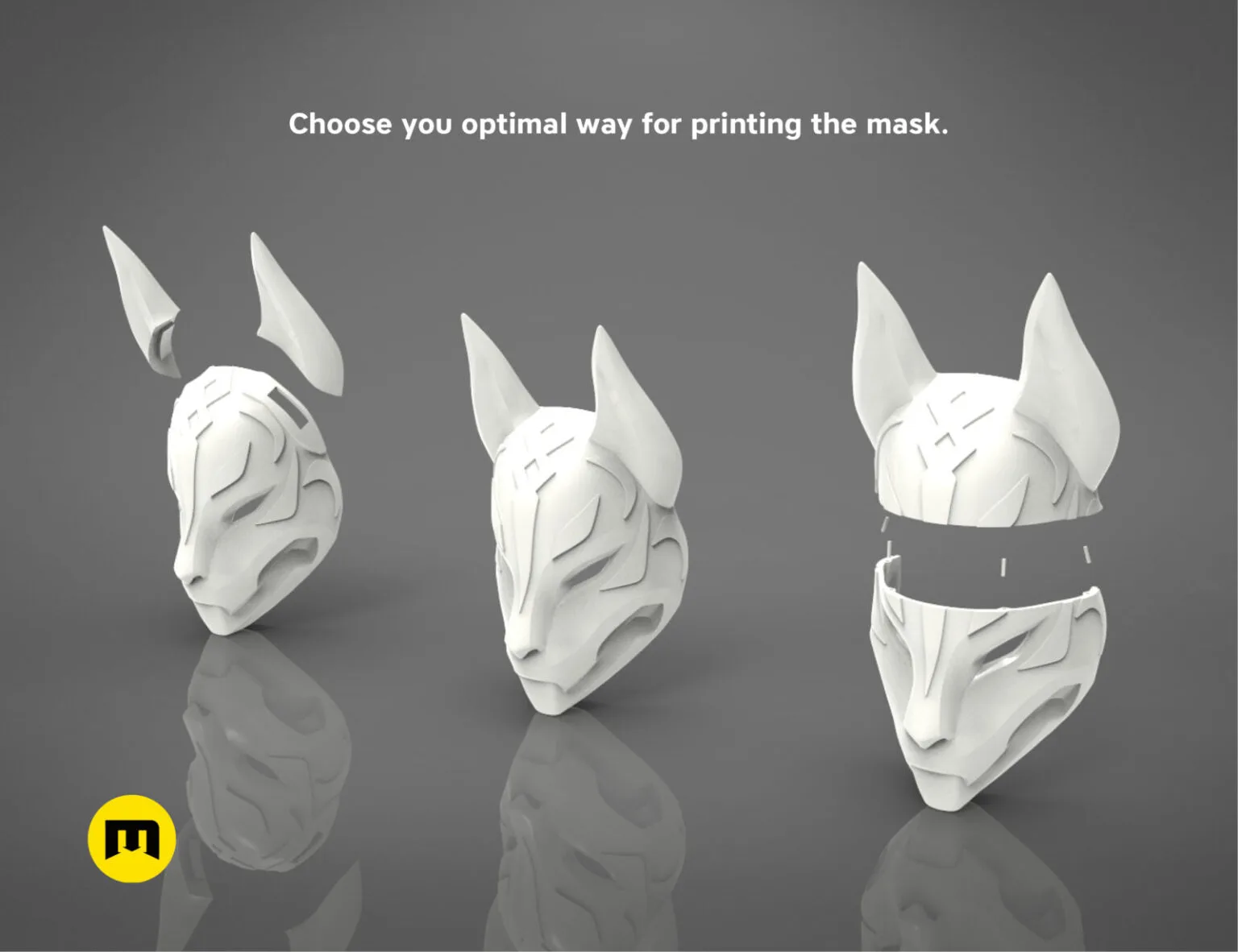 CGI render of Drift mask - Fortnite, white 3D printed cosplay prop, three assembly views