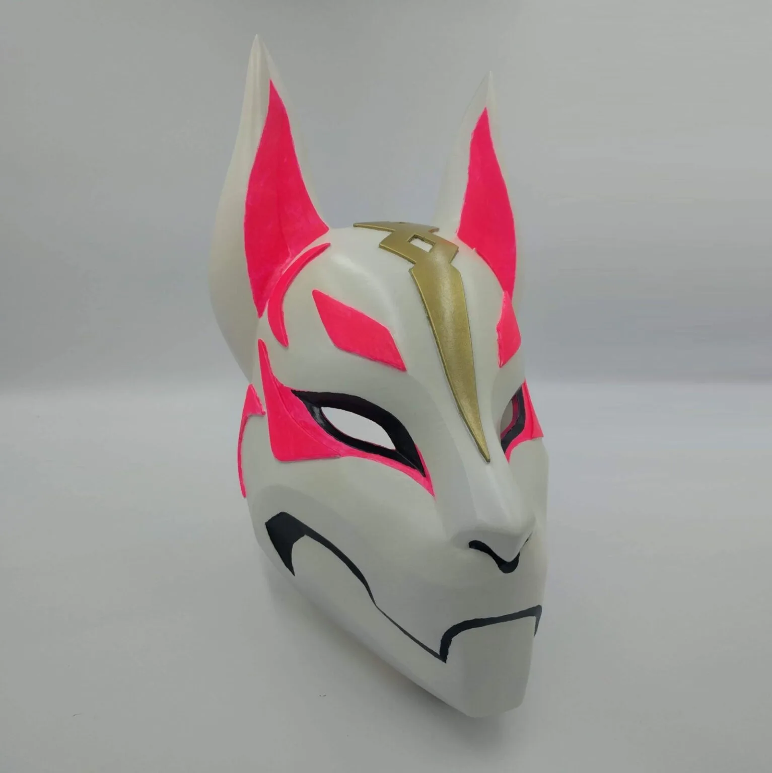 3D model render of Drift mask - Fortnite, white and pink cosplay prop with gold accents, 3D print