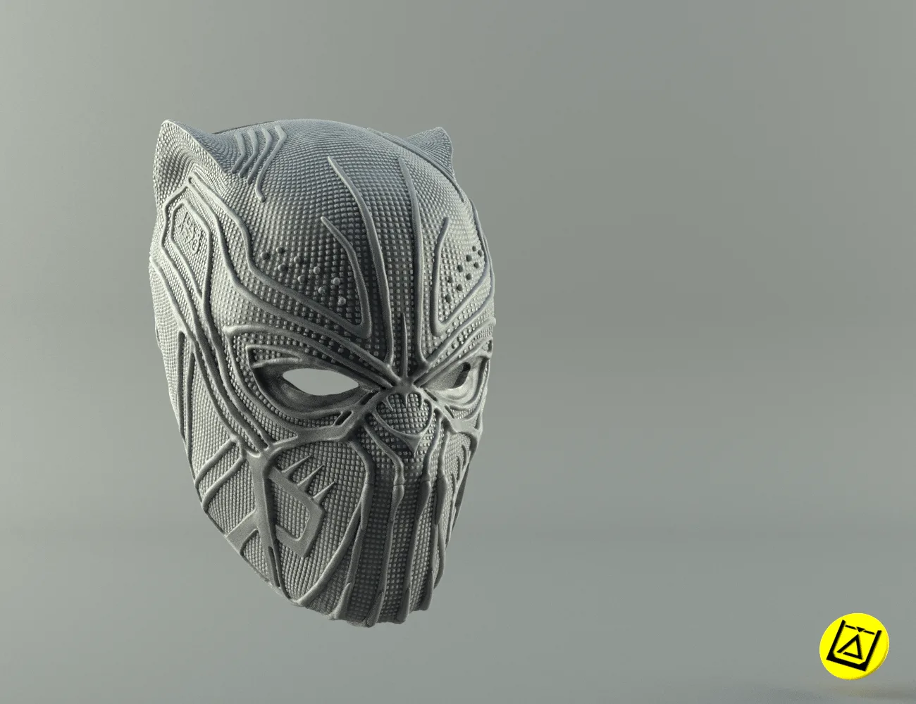 Killmonger Mask STL, detailed wireframe mesh render with intricate faceplate, 3D print cosplay prop