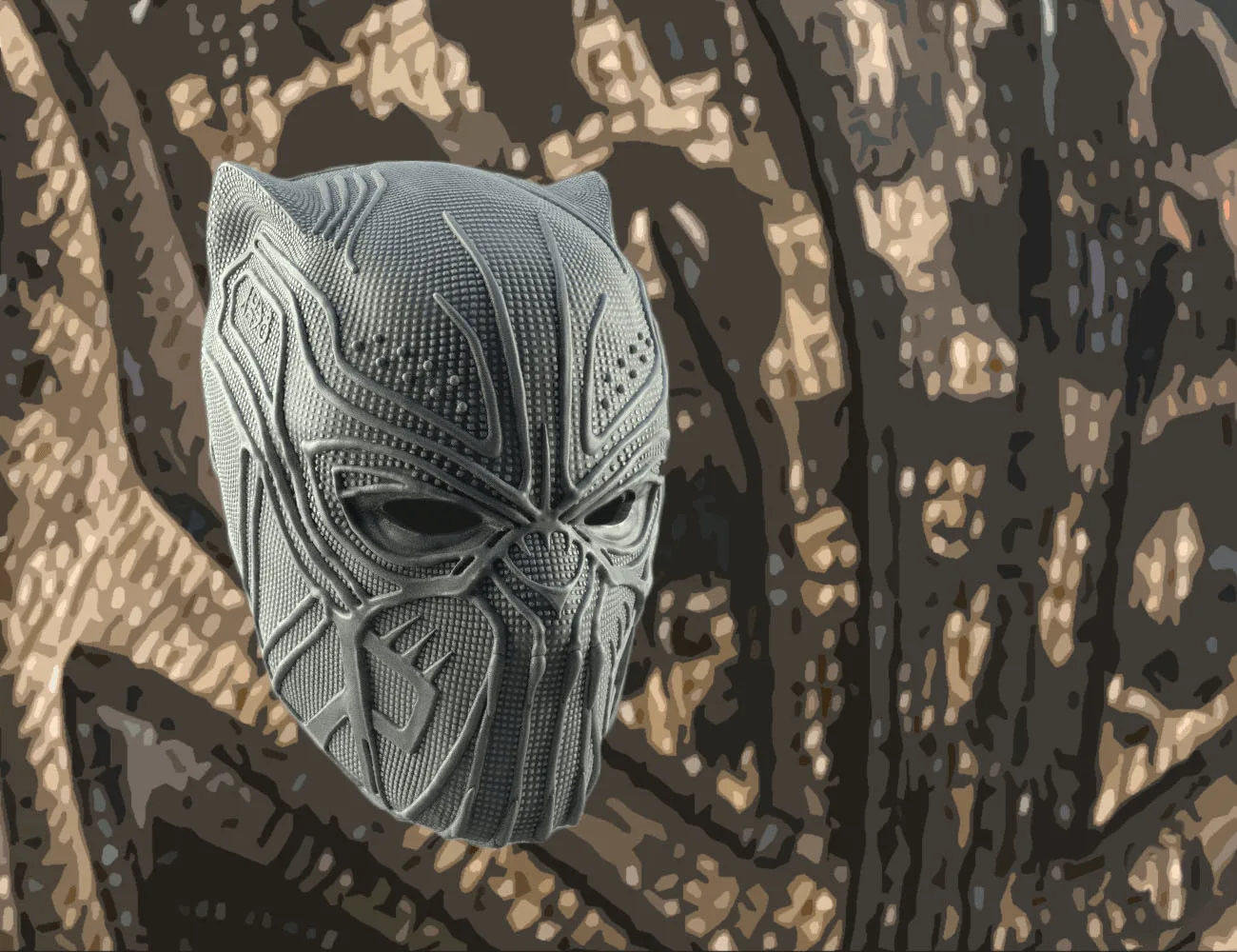 Digital 3D render of Killmonger Mask STL, detailed front view 3D print cosplay prop.