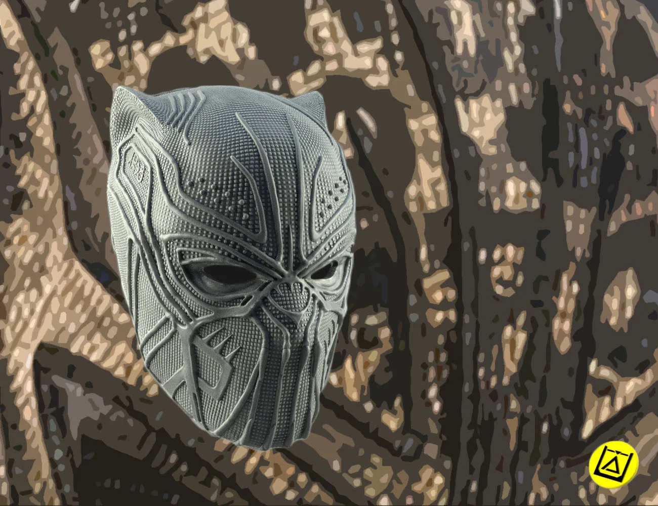 Wireframe mesh render of Killmonger Mask STL, intricate facial topology, 3D print cosplay prop
