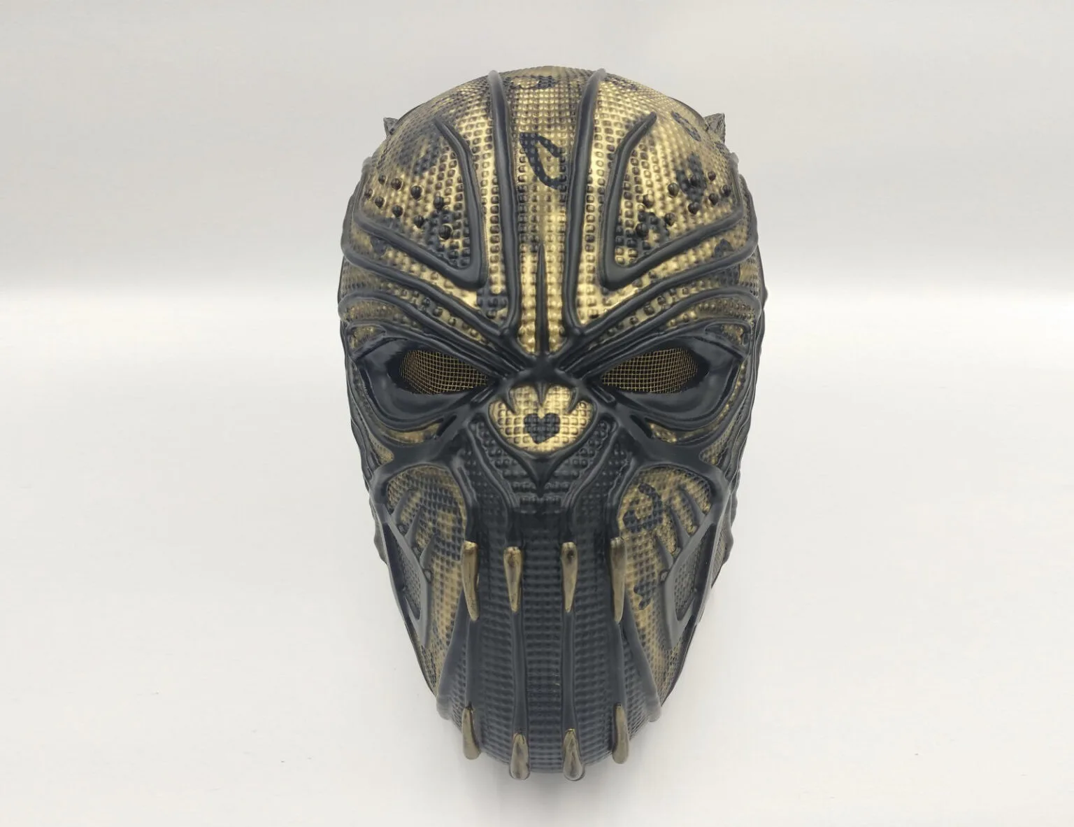 3D print preview of Killmonger Mask STL, gold and black textured 3D print cosplay prop, front view