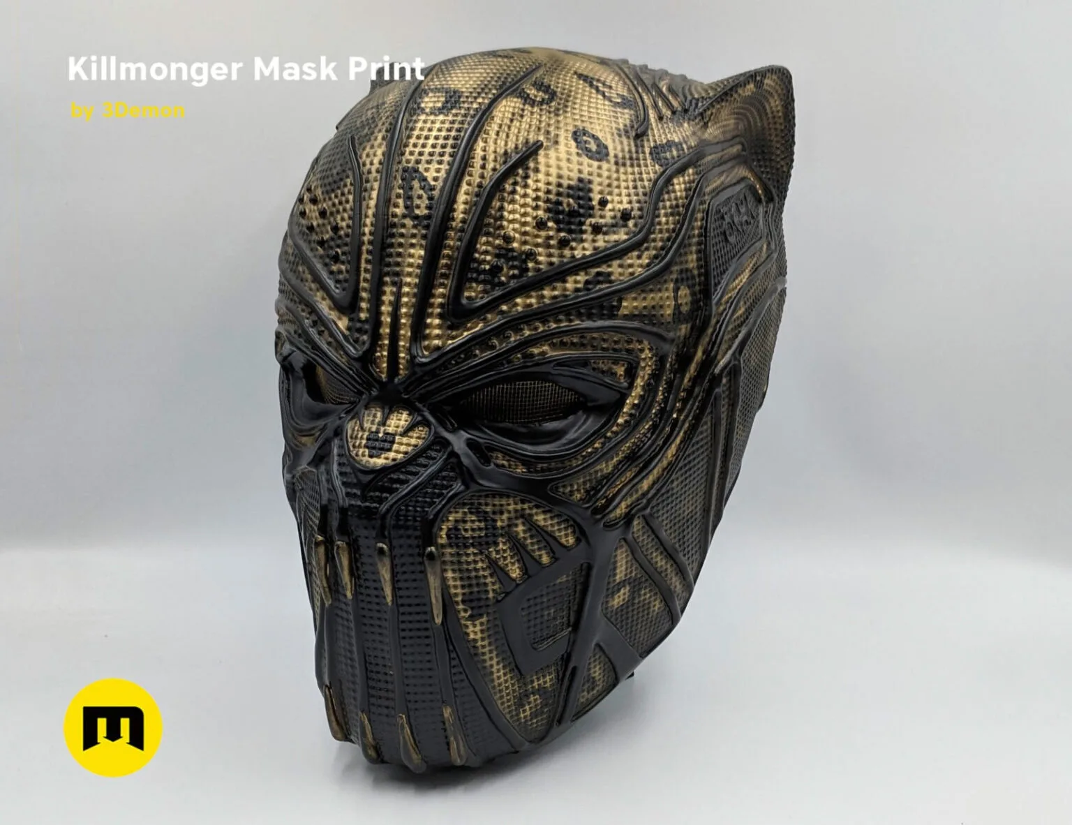 3D visualization of Killmonger Mask STL, detailed textured 3D print cosplay prop, side view