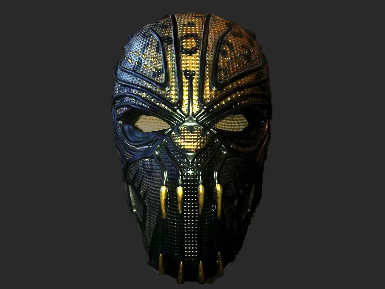 Rendered 3D model of Killmonger Mask, detailed metallic cosplay prop, front view 3D print