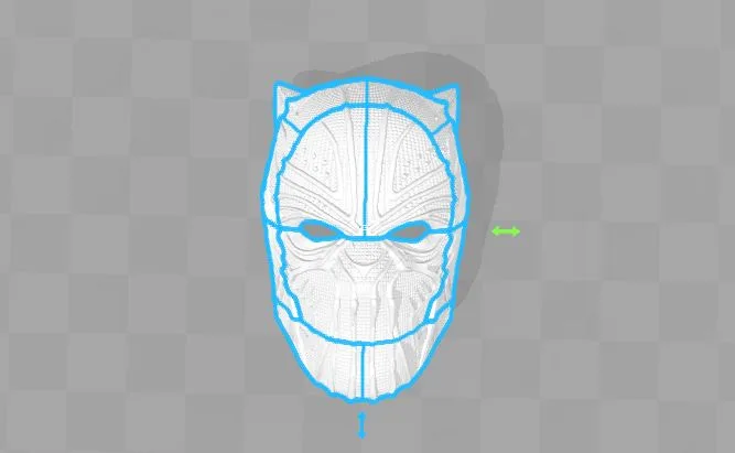 Wireframe mesh render of Killmonger Mask STL, front facial polygon structure, 3D print cosplay prop