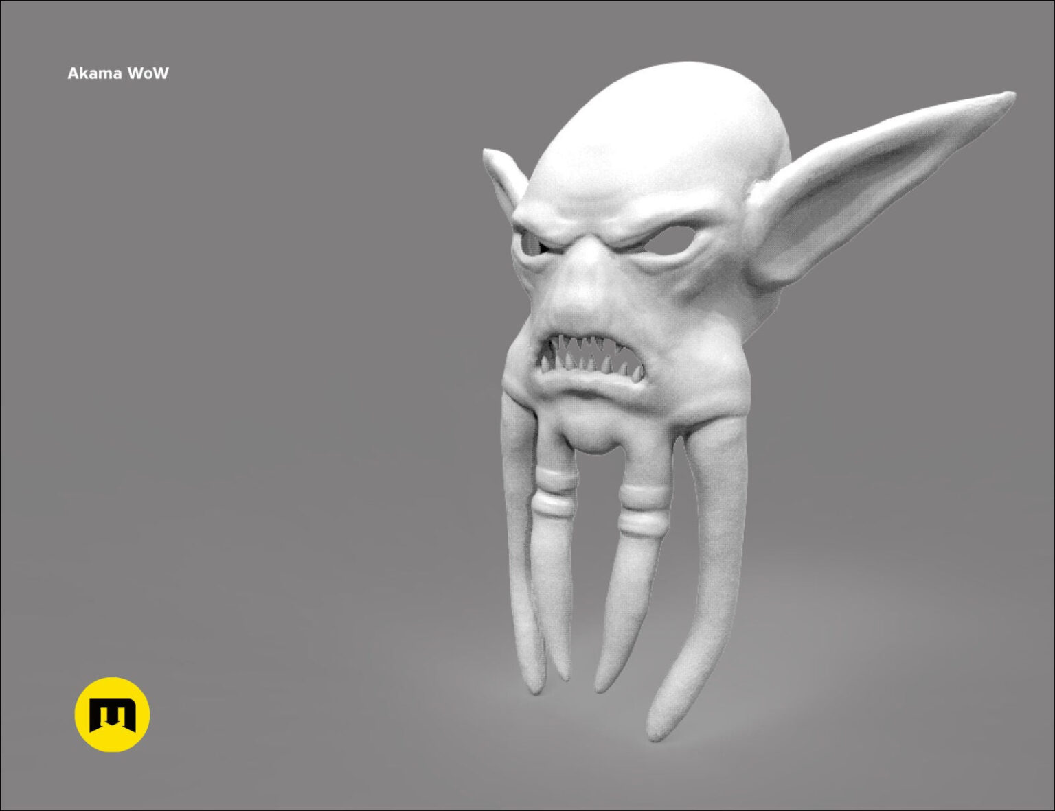 3D model render of Akama mask - World of Warcraft, fierce demonic face with horns, 3D print cosplay prop.