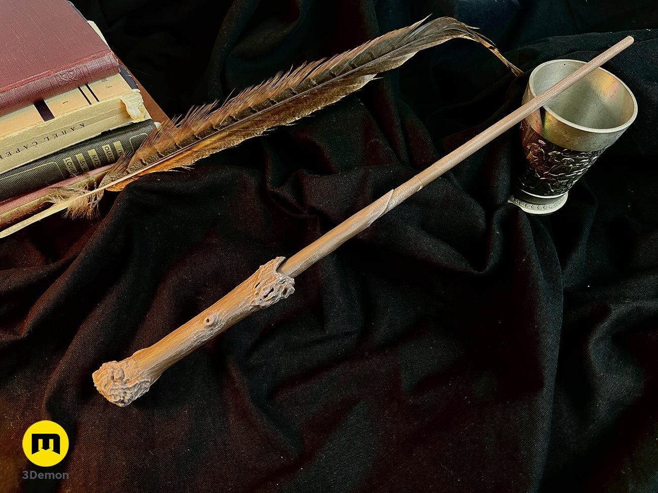 3D visualization of Harry Potter’s 2nd Wand STL, feather-topped wand with ornate handle, 3D printed cosplay prop