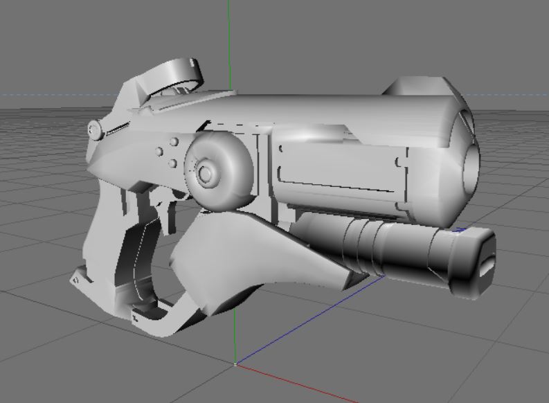3D visualization of Overwatch Mercy Blaster STL, grey wireframe mesh render side view, 3D print cosplay prop