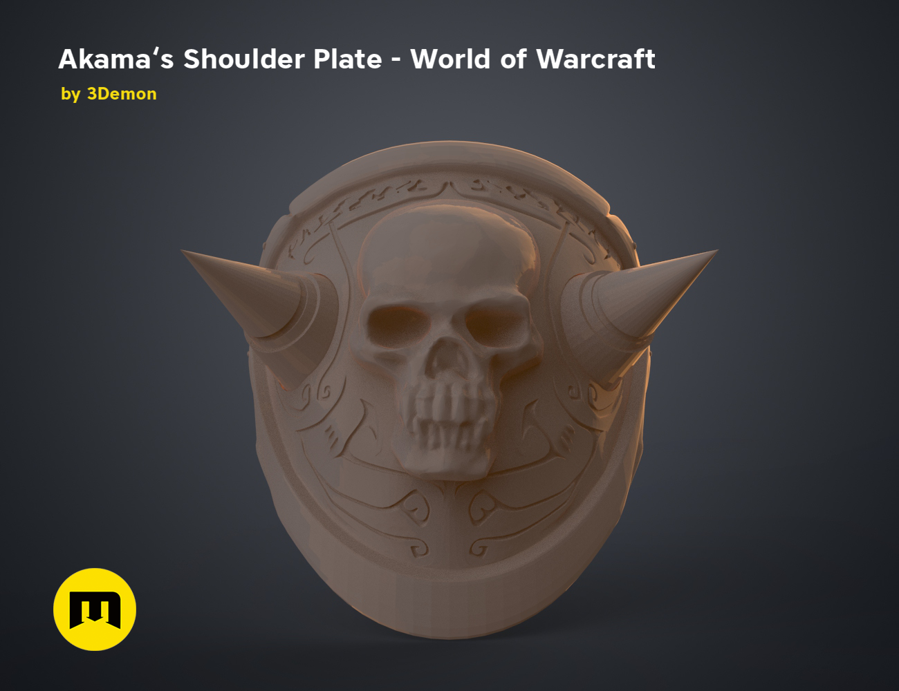 CAD render of Akama’s Shoulder Plate – World of Warcraft STL, demonic skull with horned edges, 3D print cosplay prop.