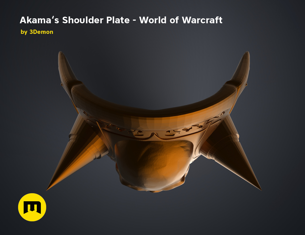 Painted 3D render of Akama’s Shoulder Plate – World of Warcraft, ornate metal cosplay prop.