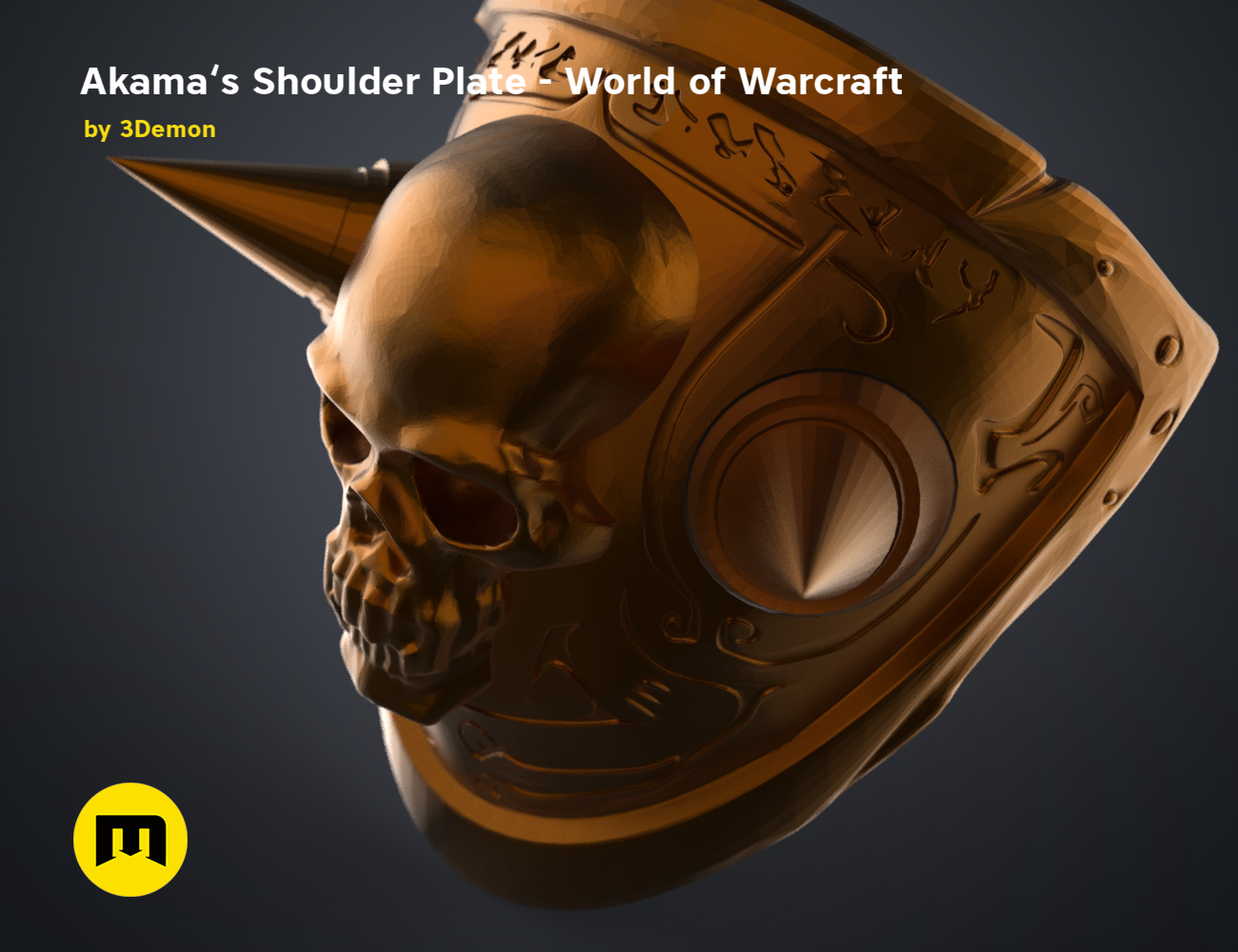 CGI render of Akama’s Shoulder Plate – World of Warcraft STL, detailed skull cosplay prop, 3D printed armor.