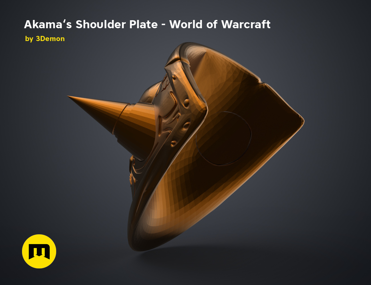 Painted 3D render of Akama’s Shoulder Plate – World of Warcraft, ornate gold armor STL, 3D print cosplay prop.