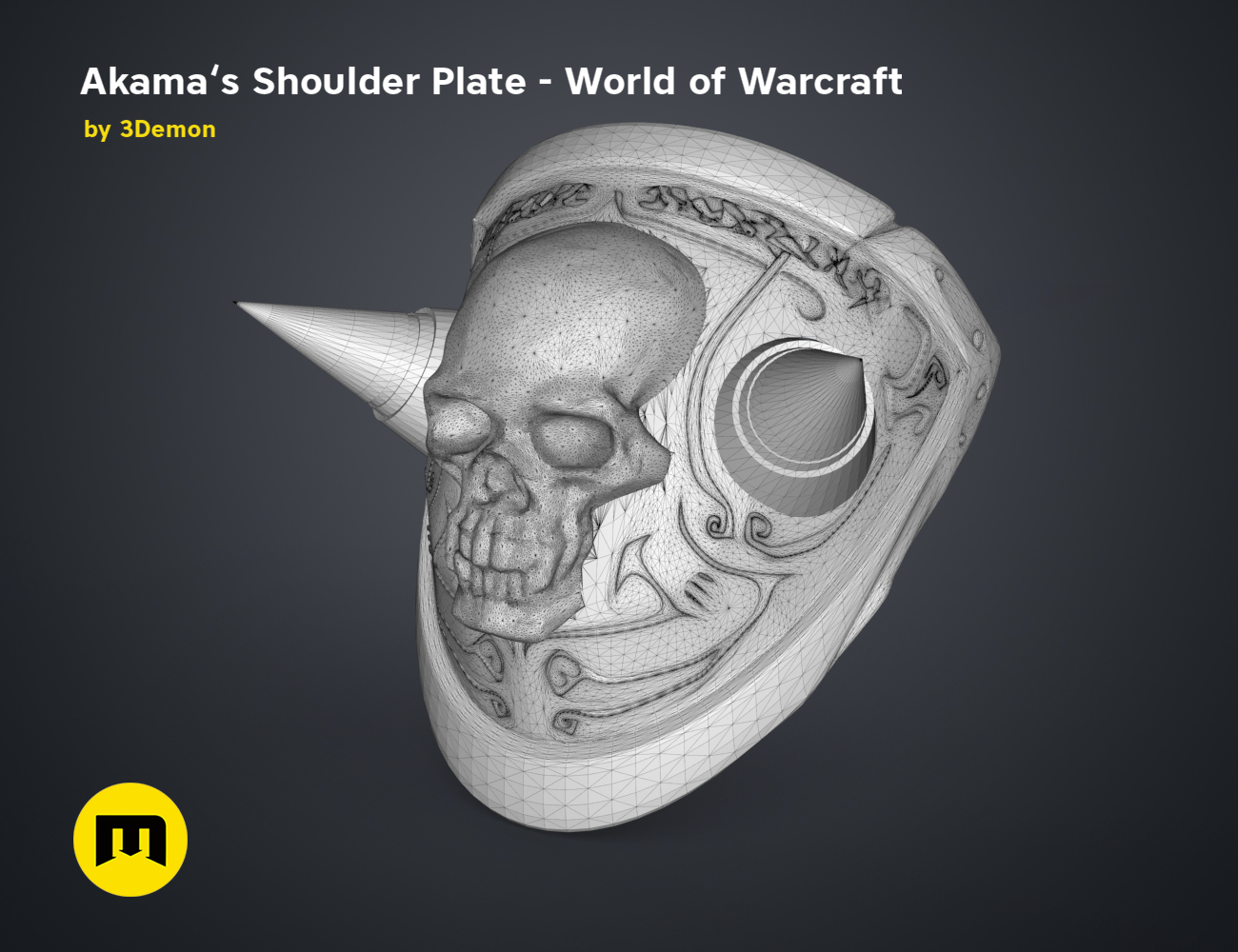Wireframe mesh render of Akama’s Shoulder Plate STL, grey mesh topology with skull detail, 3D print cosplay prop