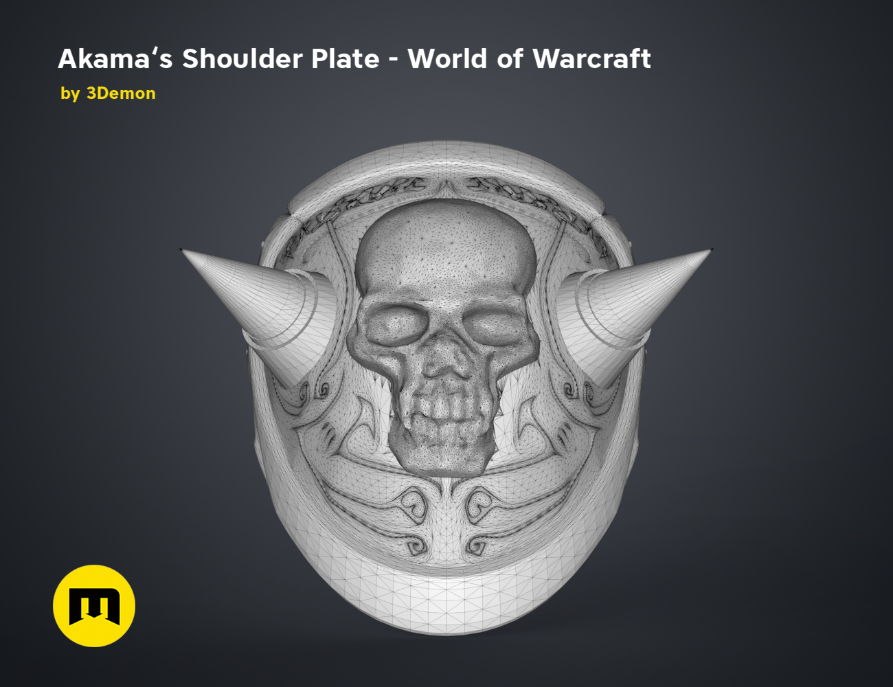 Wireframe mesh render of Akama’s Shoulder Plate STL, grey mesh with skull and horn details, 3D print cosplay prop