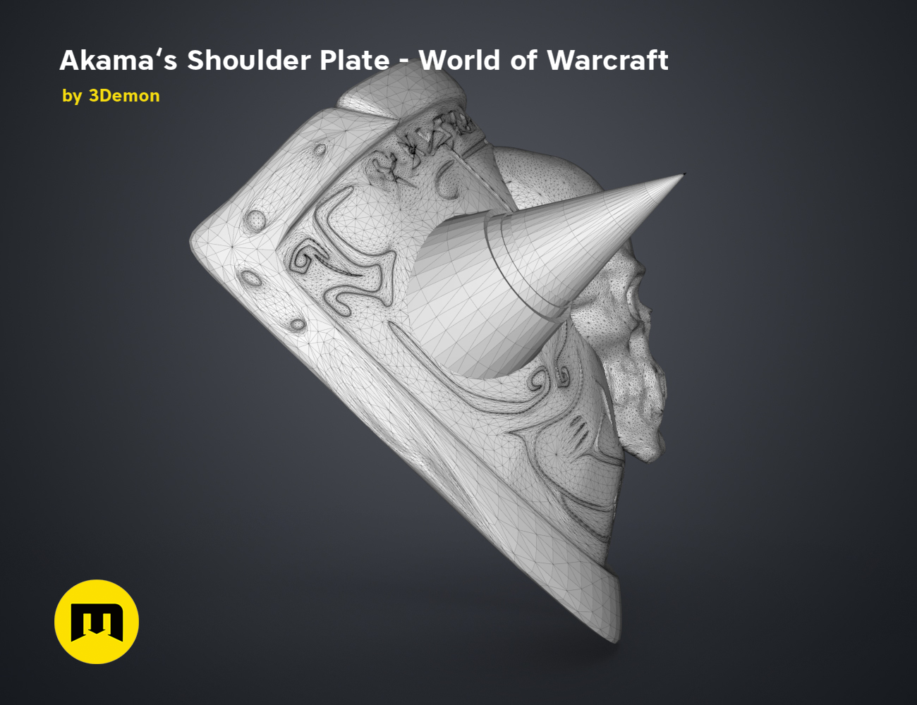 Wireframe mesh render of Akama’s Shoulder Plate STL, intricate mesh topology, 3D print cosplay prop