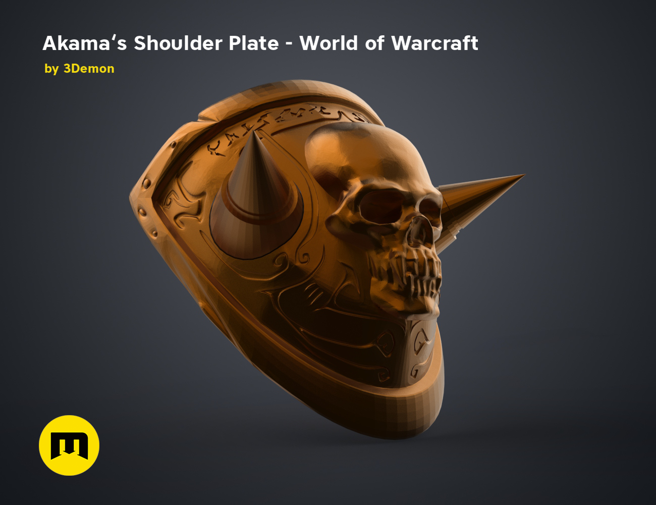 3D model render of Akama’s Shoulder Plate – World of Warcraft, ornate skull cosplay prop, 3D print