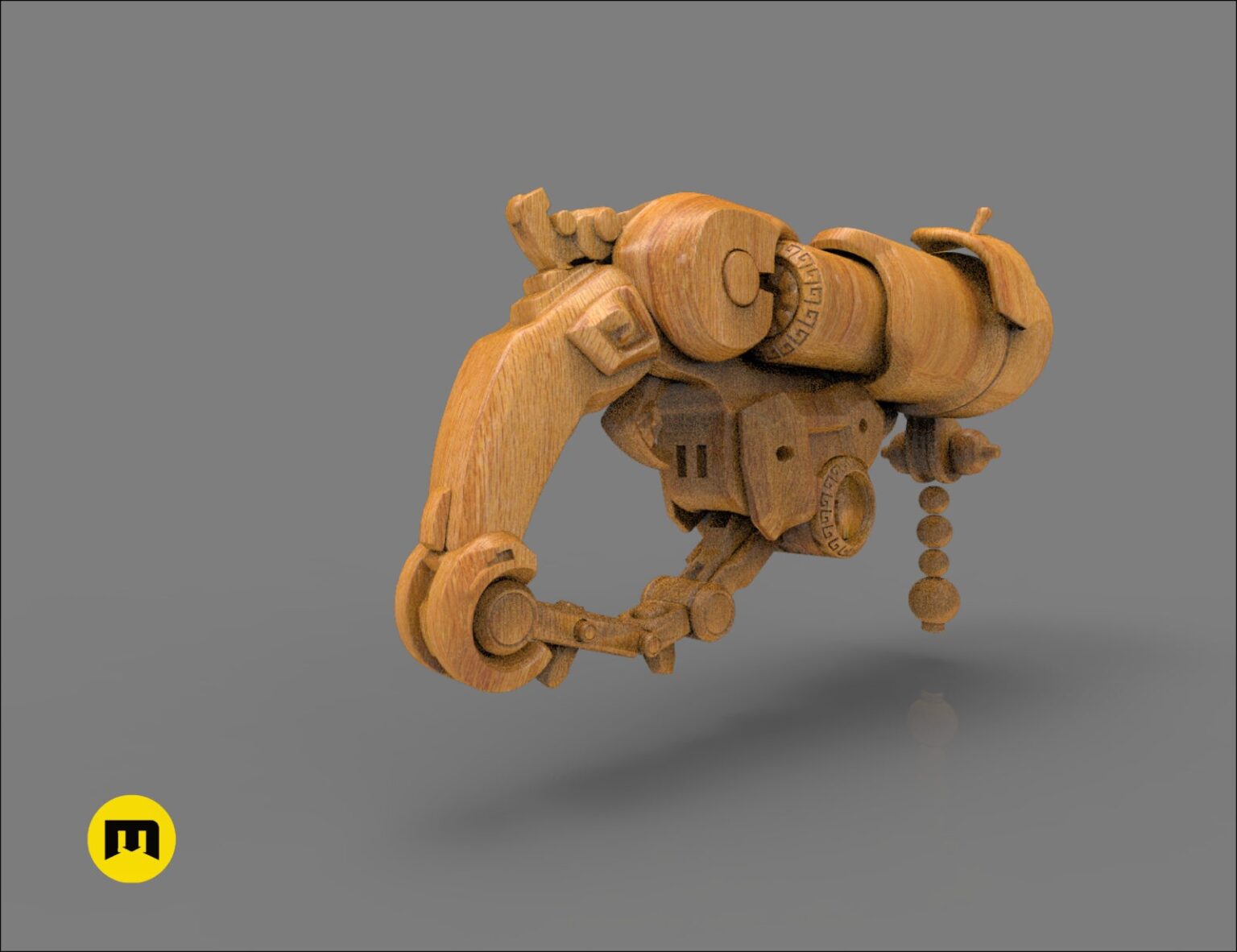 Rendered 3D model of Overwatch Roadhog Gun Bajie, detailed wooden-textured cosplay prop, side view