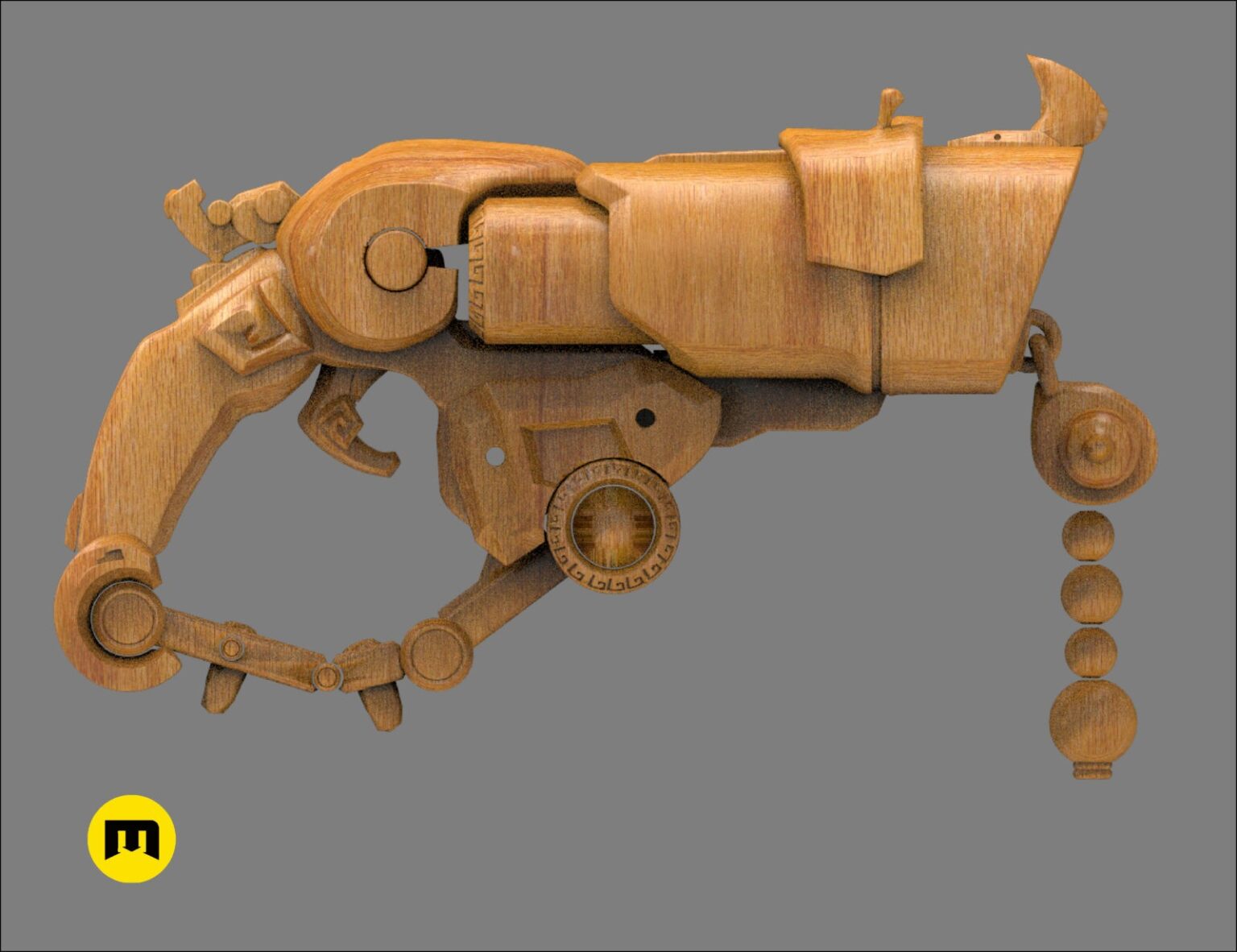 CAD render of Overwatch Roadhog Gun Bajie STL, detailed wooden-textured 3D print cosplay prop.