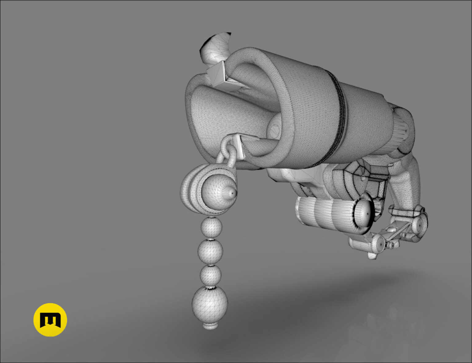Wireframe mesh render of Overwatch Roadhog Gun Bajie STL, side polygon structure, 3D print cosplay prop