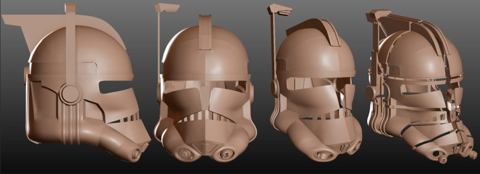 STL preview of Clonetrooper helmet - Star Wars universe, olive-brown 3D print cosplay prop, side/back views.