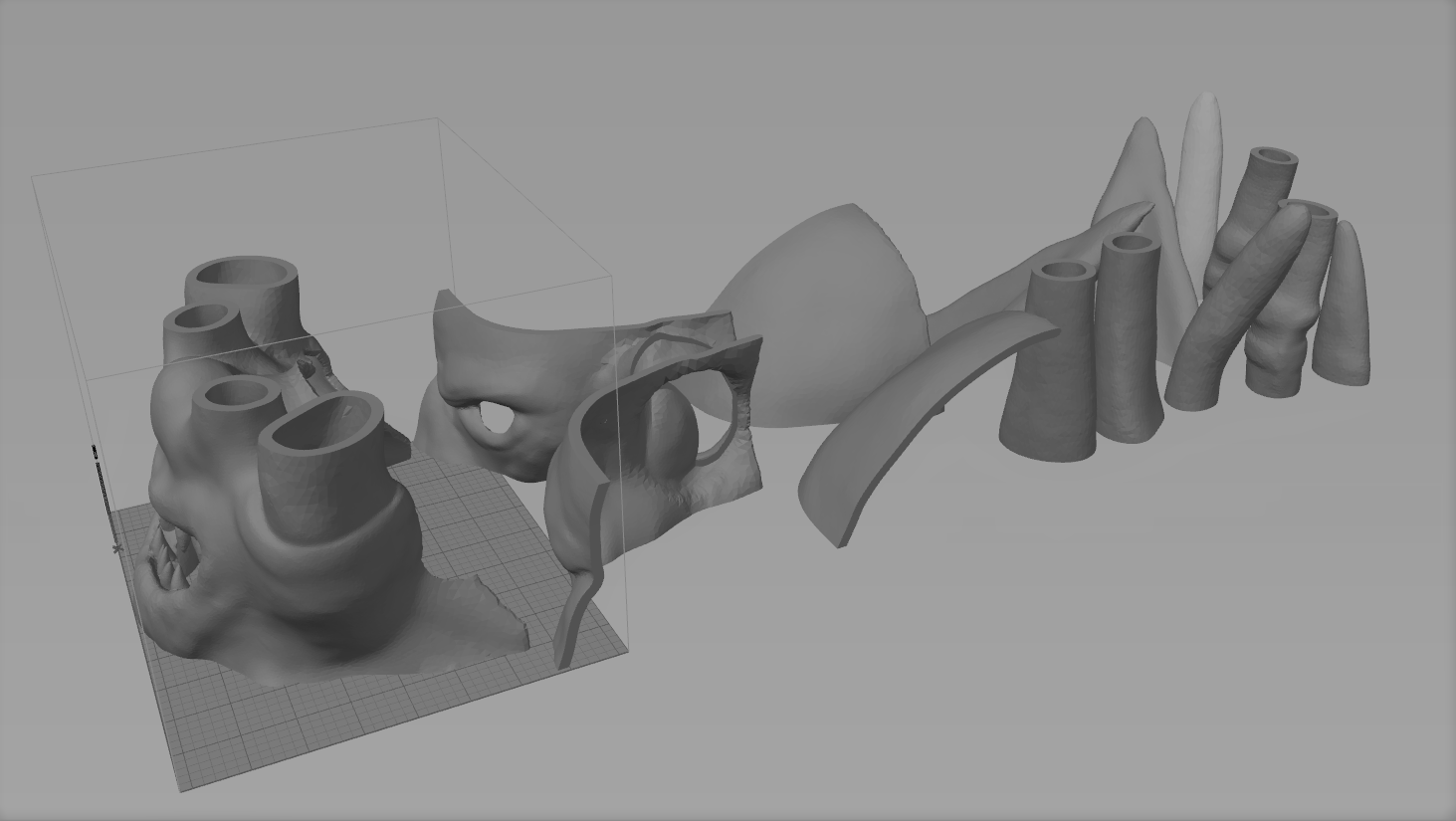 Digital 3D render of Akama mask - World of Warcraft, exploded view of segmented 3D print cosplay prop.