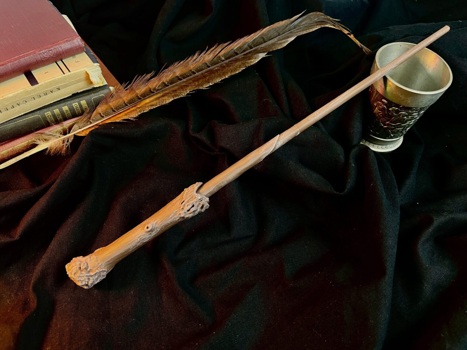 Digital 3D render of Harry Potter’s 2nd Wand STL, feather-topped wand with carved handle, 3D print cosplay prop.