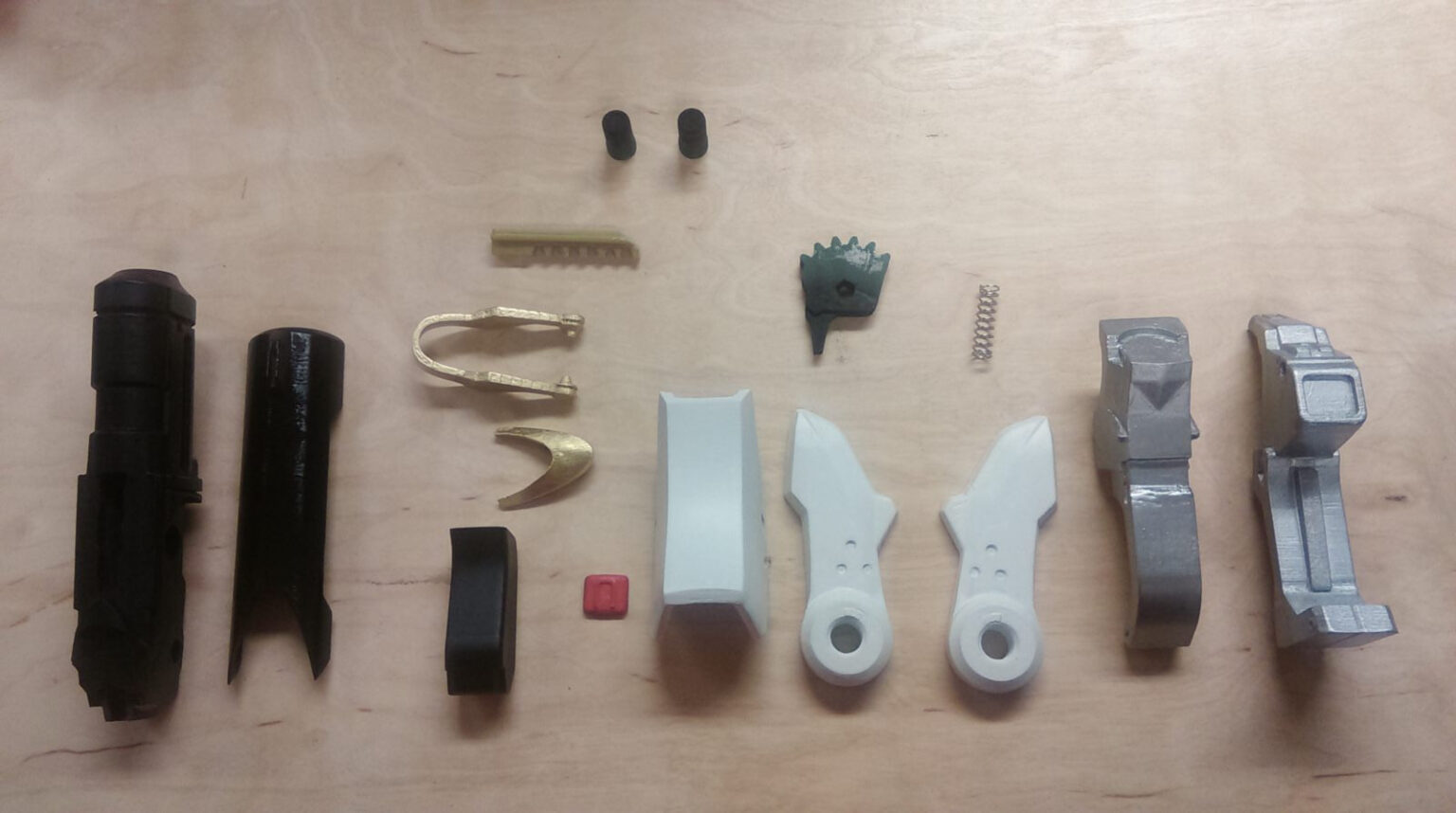 Disassembled parts of Overwatch Mercy Blaster, 3D printed weapon cosplay prop breakdown