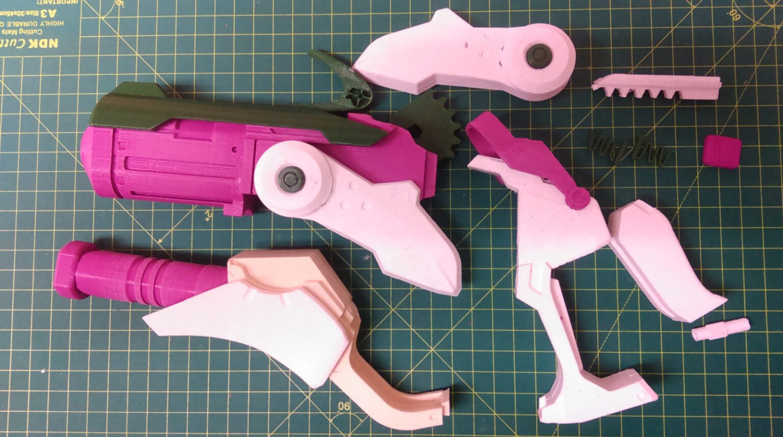Exploded view of Overwatch Mercy Blaster, disassembled 3D printed cosplay prop parts