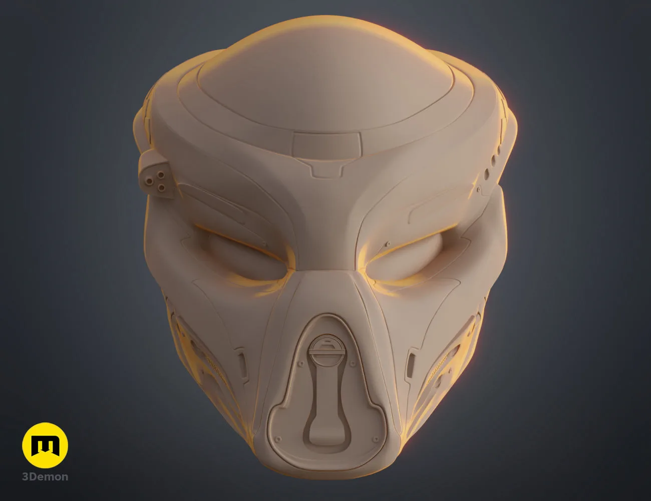 Digital 3D render of Fugitive Predator Bio-Mask 2018, futuristic cosplay prop with glowing accents, front view
