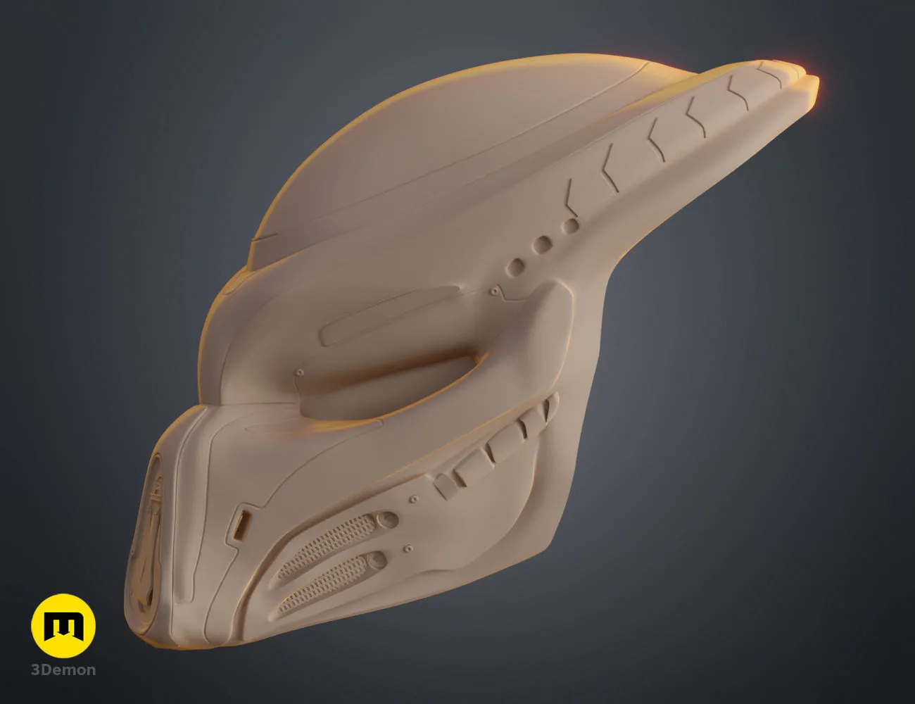 3D visualization of Fugitive Predator Bio-Mask 2018, textured 3D render cosplay prop, side view