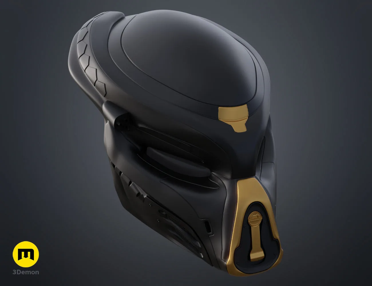 STL preview of Fugitive Predator Bio-Mask 2018, sleek black 3D print cosplay armor with gold accents.