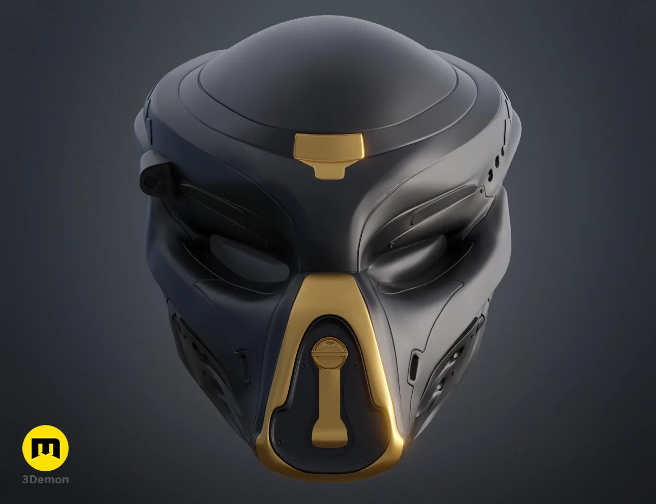 3D print preview of Fugitive Predator Bio-Mask 2018, sleek black-gold cosplay prop, front view