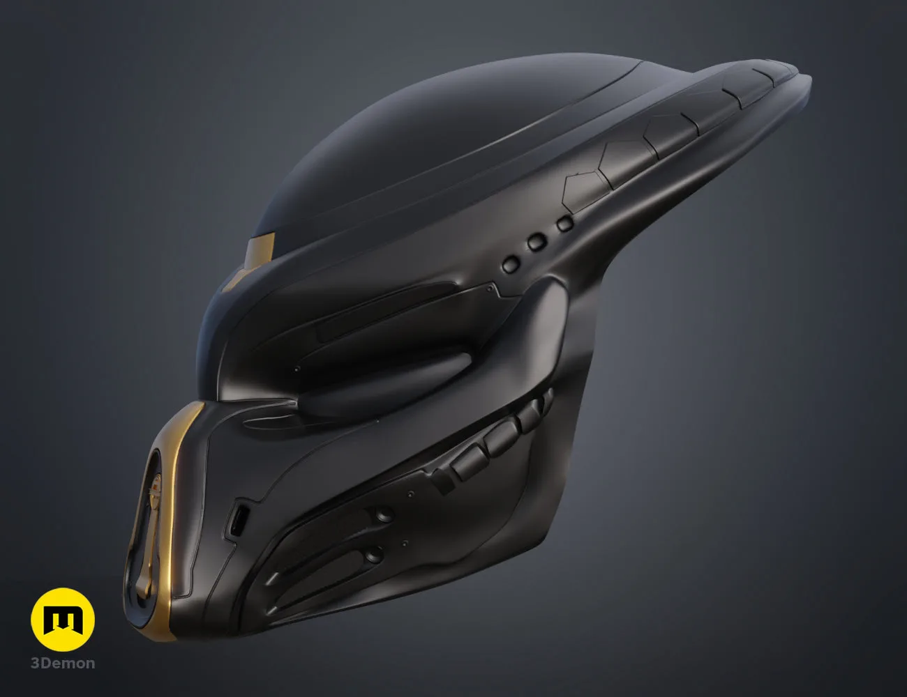 Printable 3D model of Fugitive Predator Bio-Mask 2018, sleek black 3D print cosplay prop.