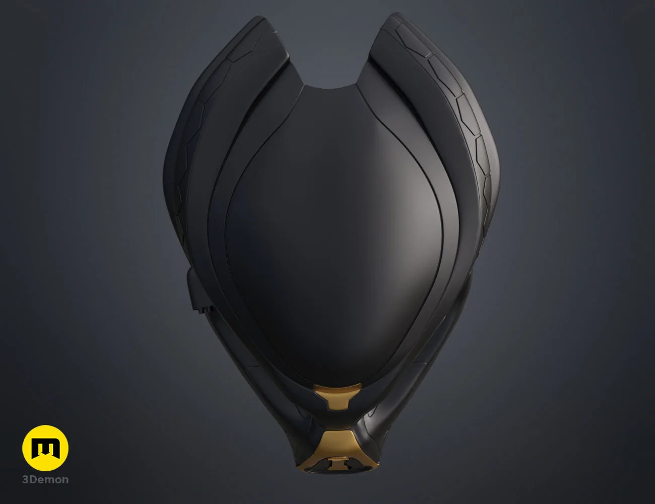 3D model render of Fugitive Predator Bio-Mask 2018, sleek black 3D print cosplay prop, front view