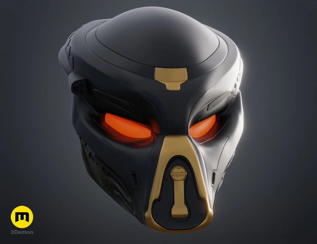 CGI render of Fugitive Predator Bio-Mask 2018, glowing red visor 3D print cosplay prop.