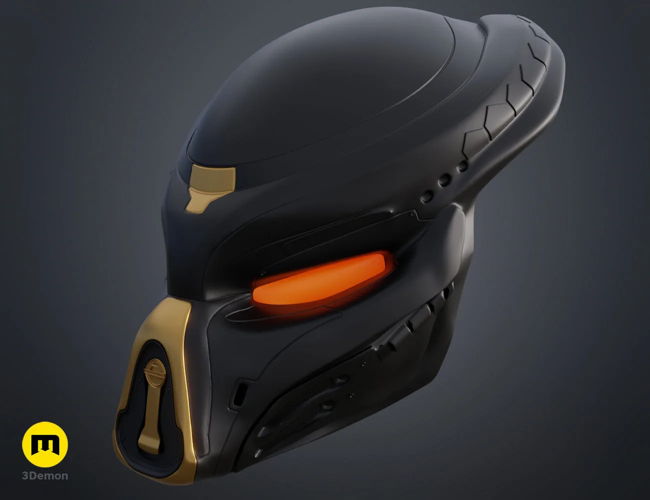 CAD render of Fugitive Predator Bio-Mask 2018, sleek black cosplay prop with gold accents, glowing orange visor detail.