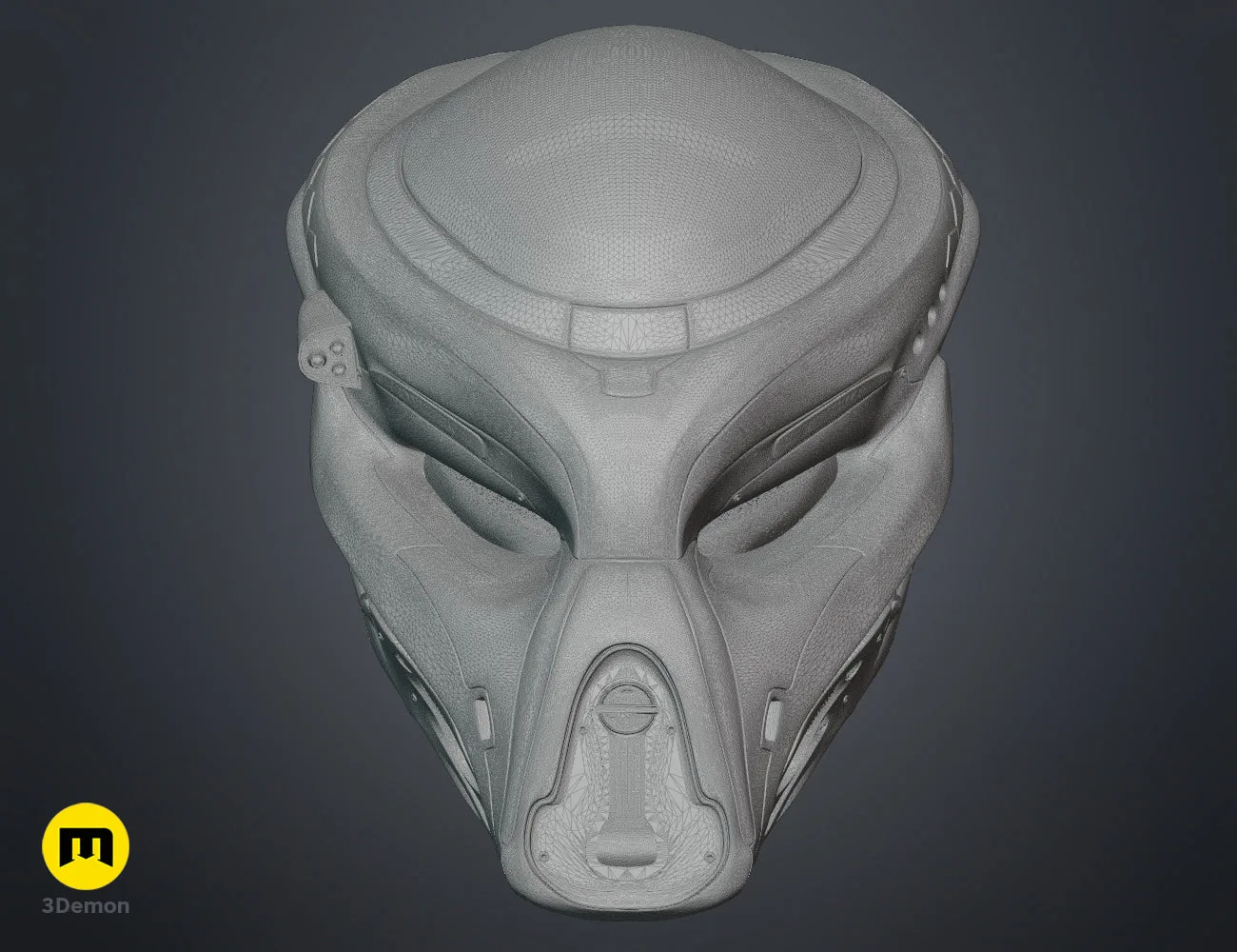 STL preview of Fugitive Predator Bio-Mask 2018, grey mesh render with detailed eye slots, 3D print cosplay prop.