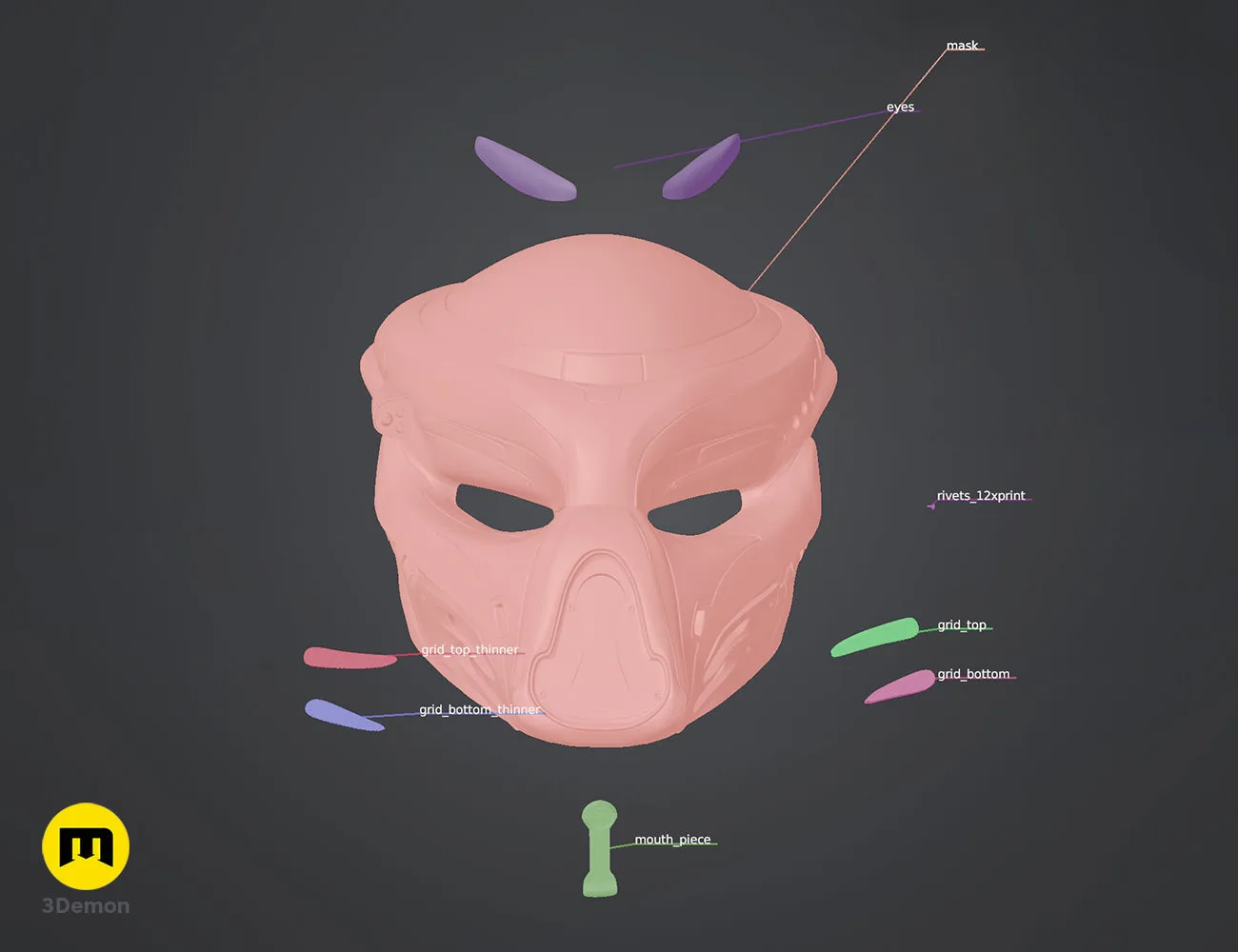 Color-coded parts breakdown of Fugitive Predator Bio-Mask 2018, labeled assembly guide, 3D print cosplay prop
