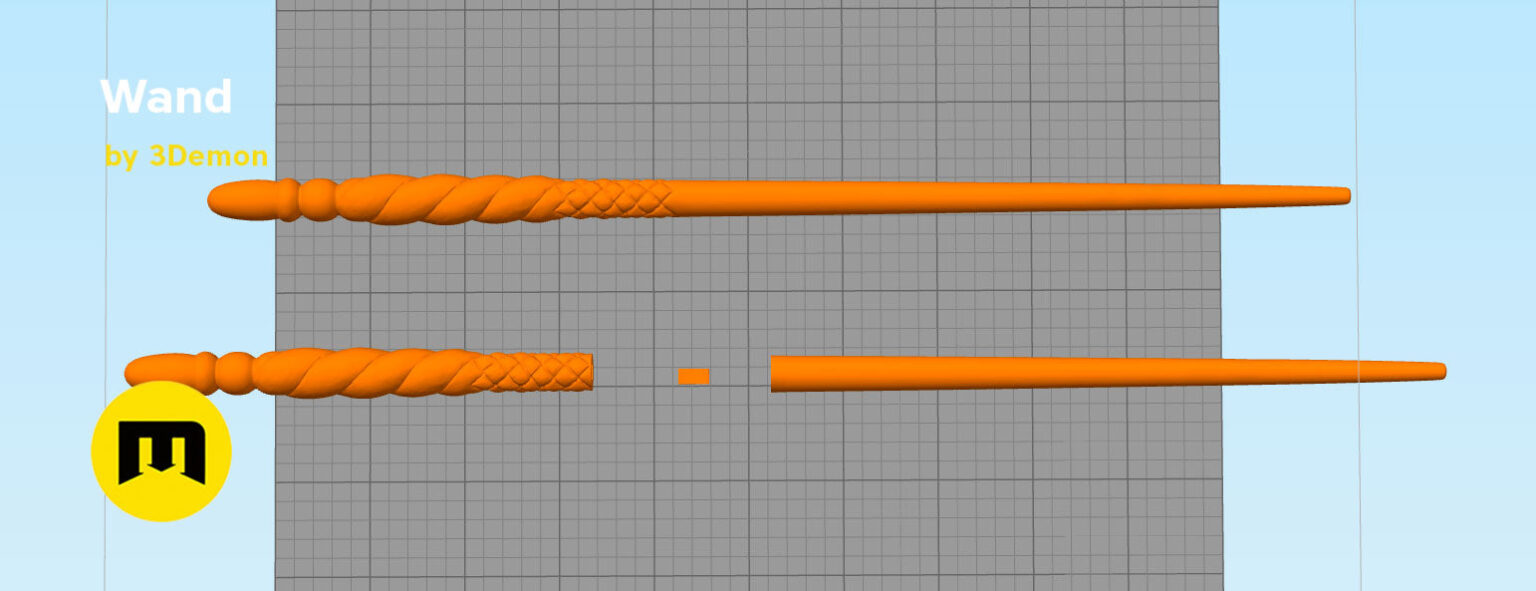 Slicer print bed layout showing orange 3D printable STL parts of Ginny Weasley wand model on a virtual grid.