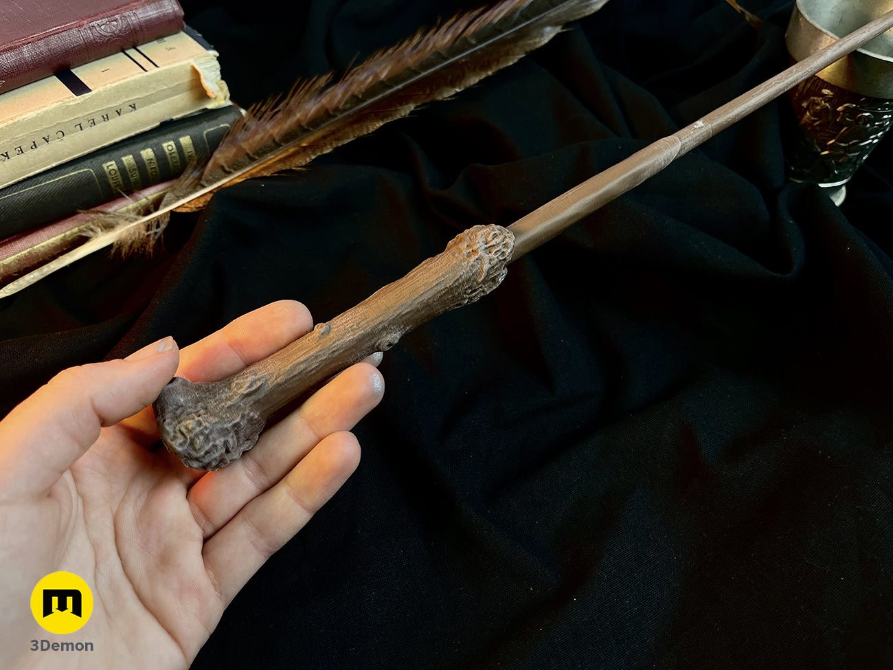 Hand photo of Harry Potter’s 2nd Wand, textured oak handle with feather core, 3D printed cosplay prop