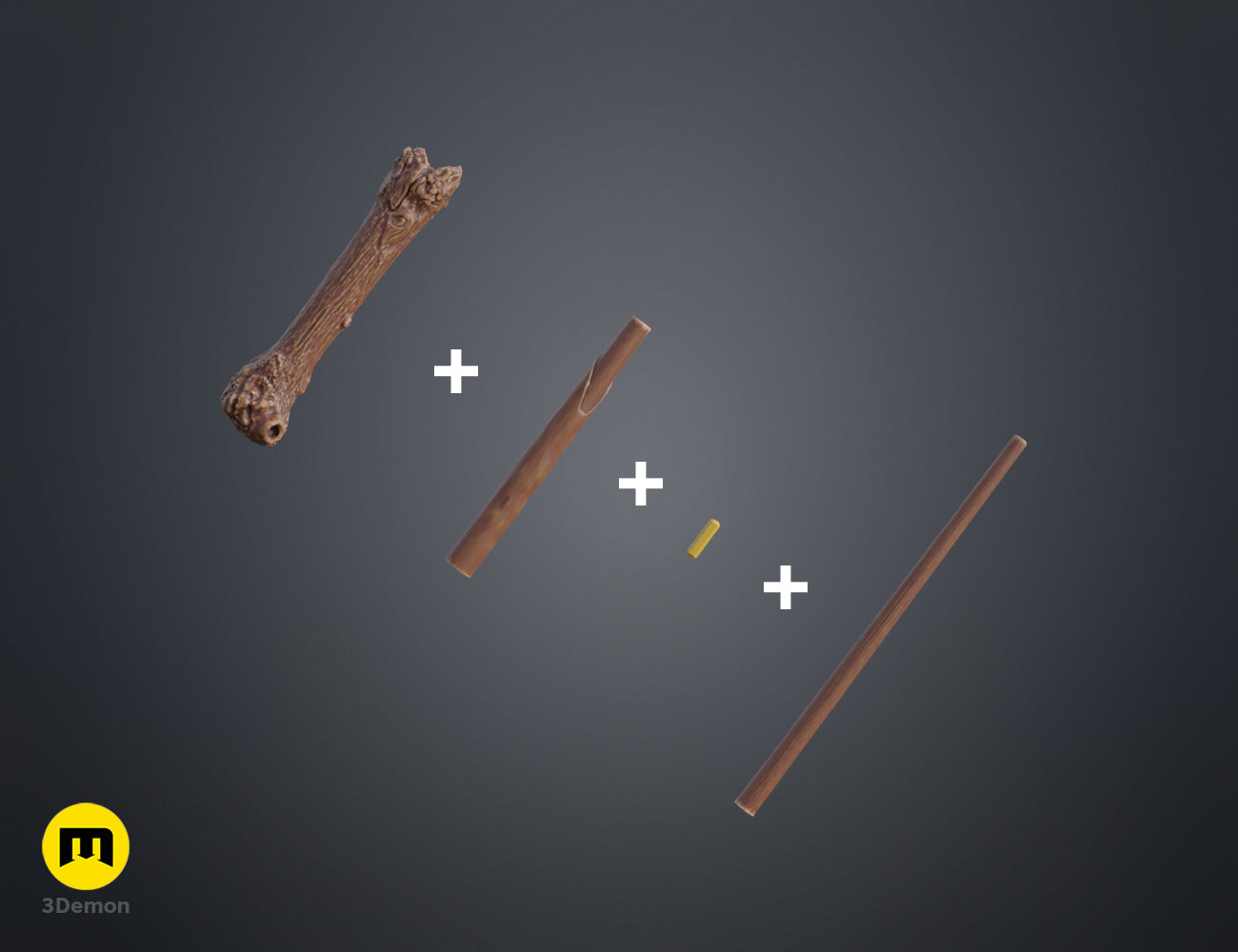 3D model render of Harry Potter’s 2nd Wand STL, exploded view of wooden wand parts, 3D print cosplay prop