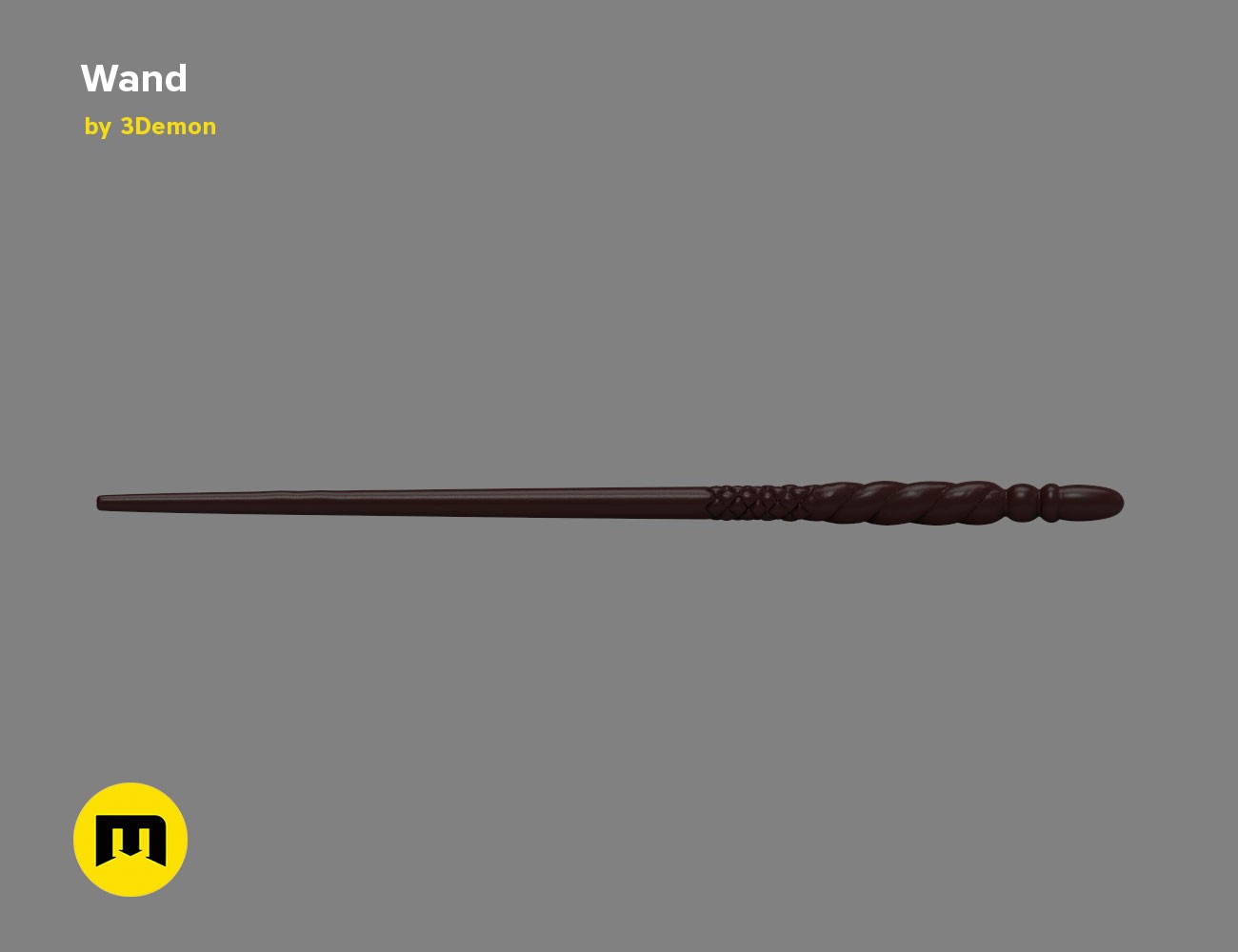 Horizontal painted 3D render from the front view of Ginny Weasley wand with handle on the right side.