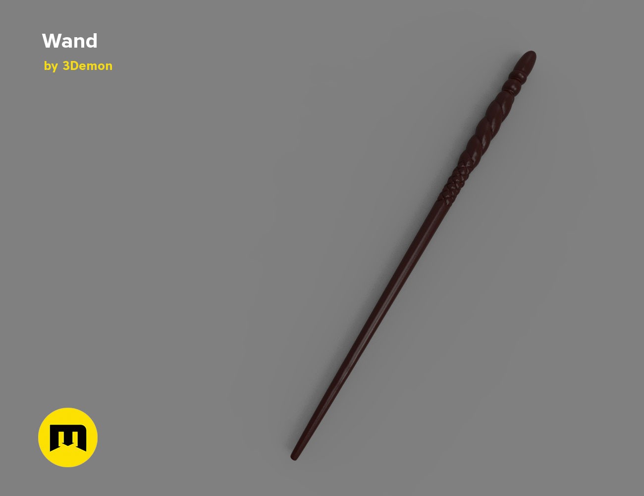 Painted 3D render of Ginny Weasley wand angled from top-right handle to bottom-left tip with 3Demon logo.