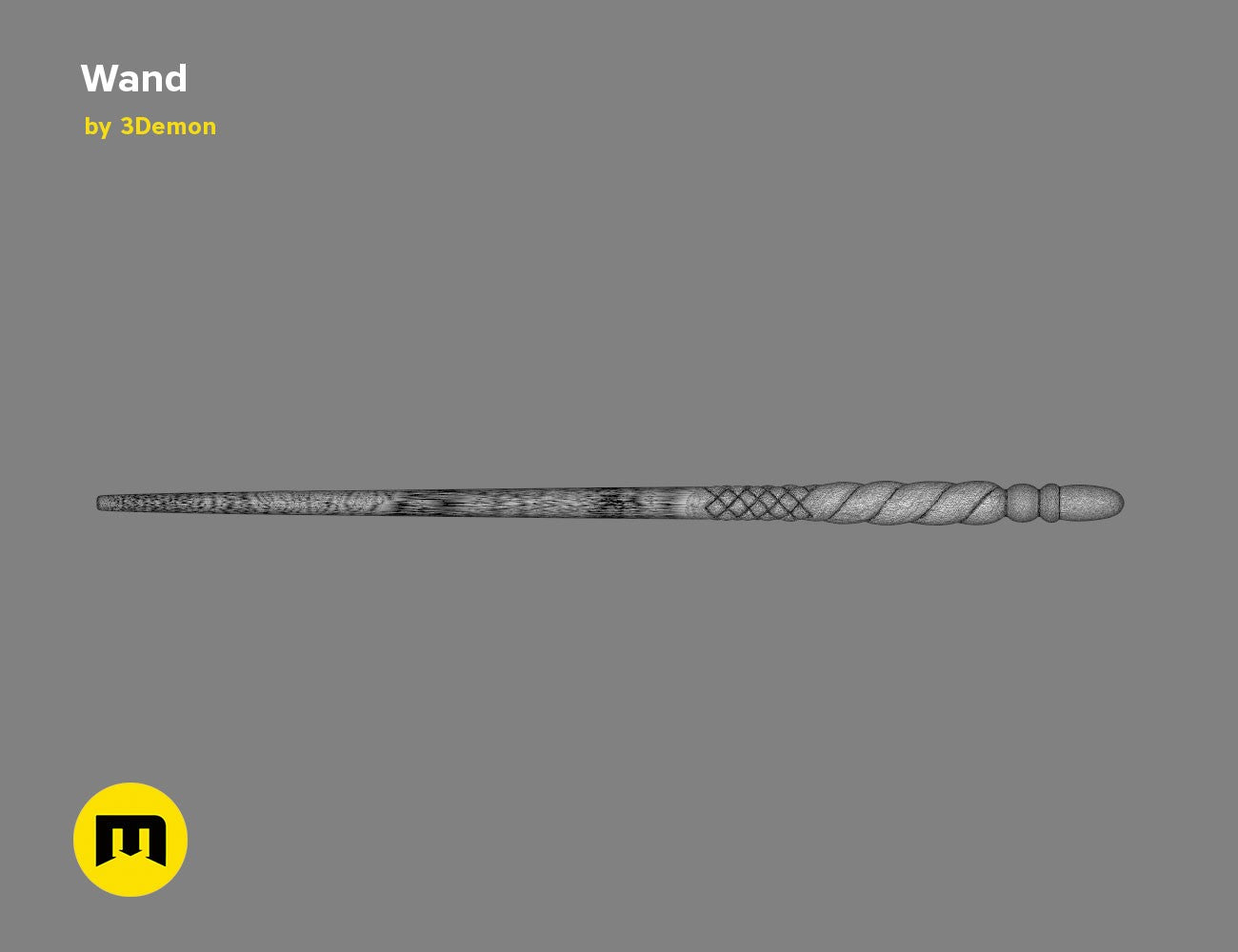 Horizontal wireframe mesh render of Ginny Weasley wand with the handle on the right side on a grey background.