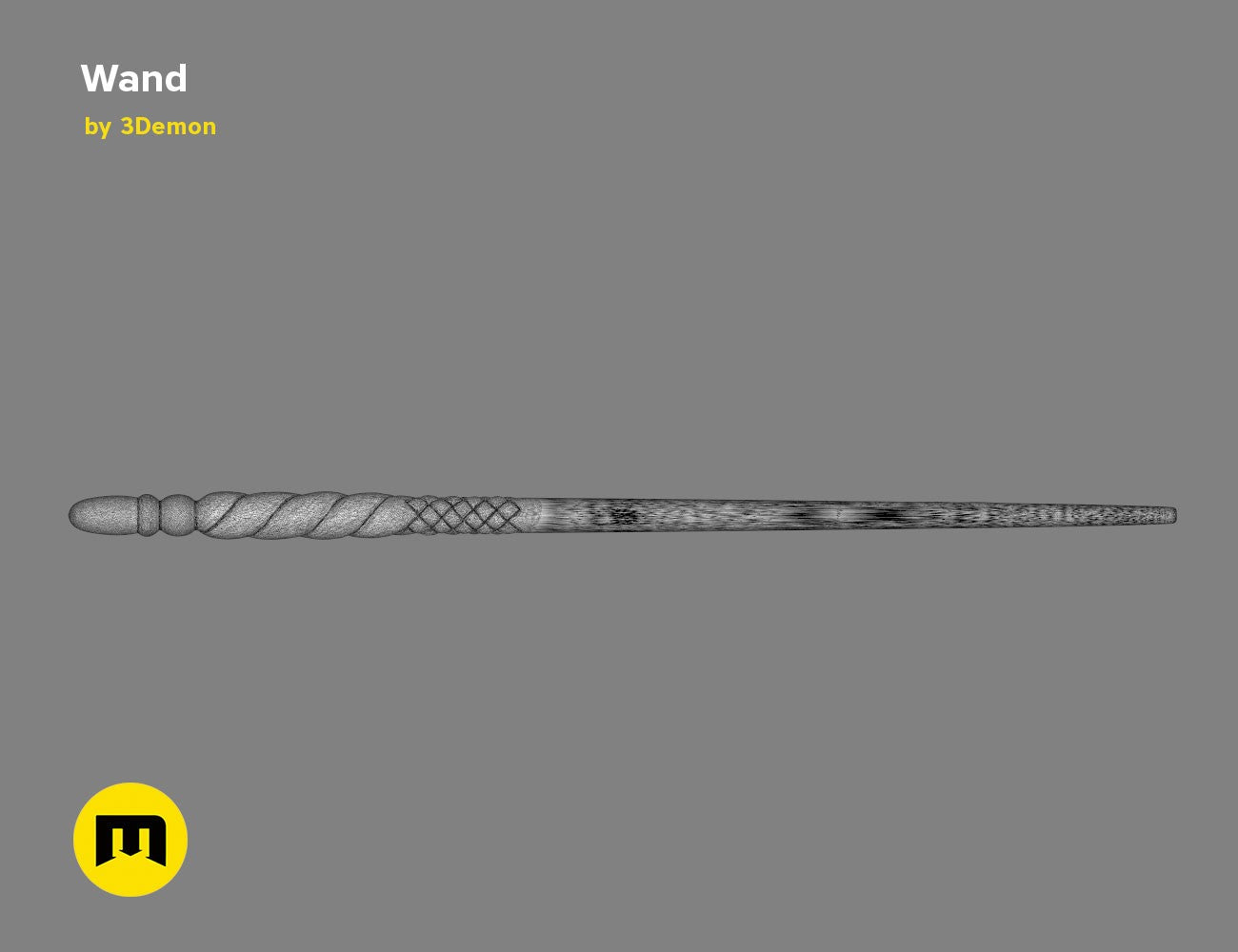Horizontal wireframe mesh render of Ginny Weasley wand with the handle on the left side on a grey background.