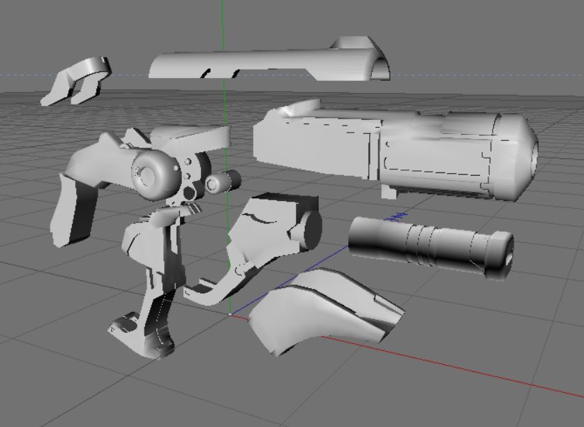 Overwatch Mercy Blaster STL, exploded view of weapon components, 3D print cosplay prop