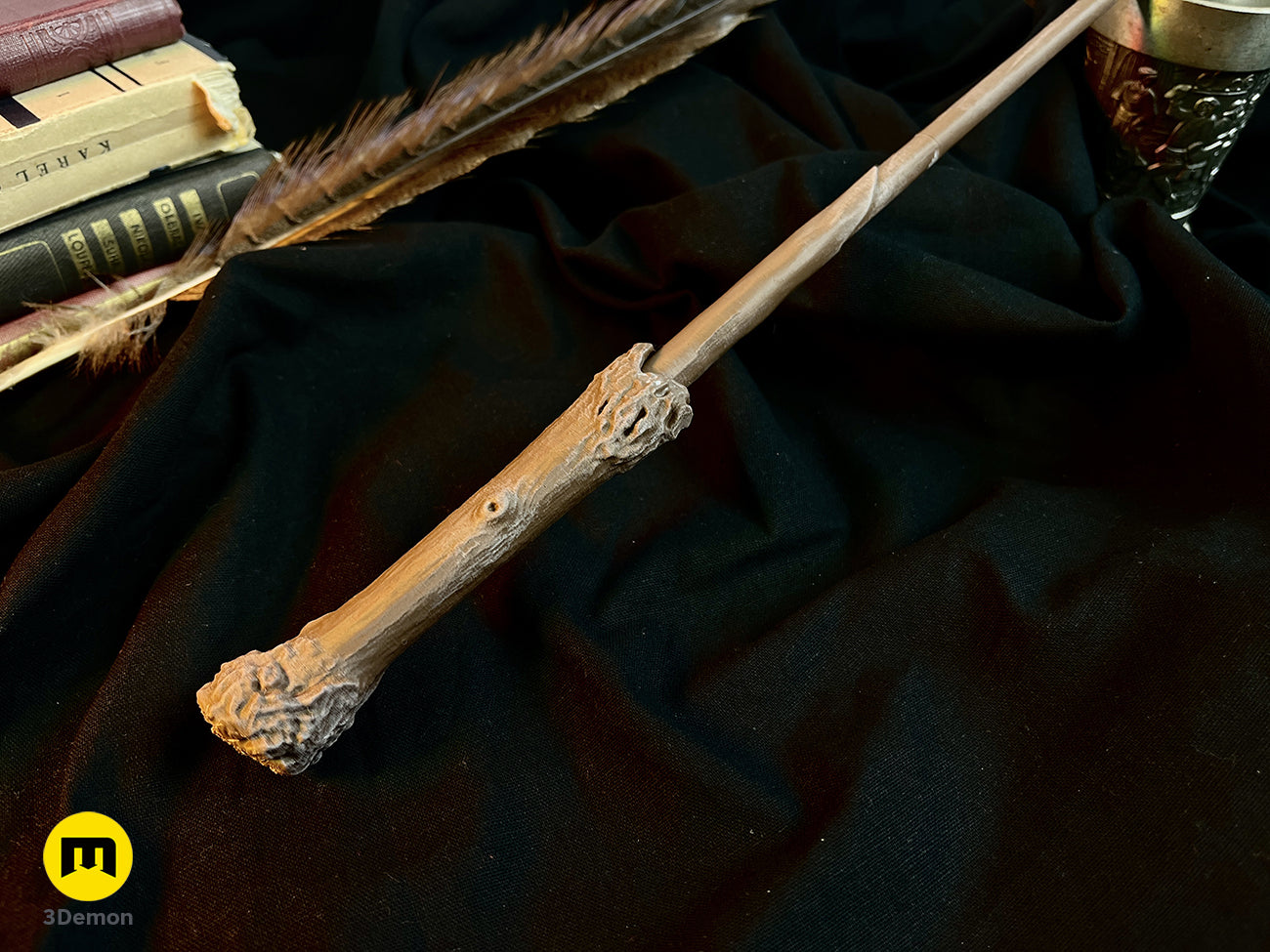 Painted 3D render of Harry Potter’s 2nd Wand STL, feather-tipped wand with ornate handle, 3D print cosplay prop.