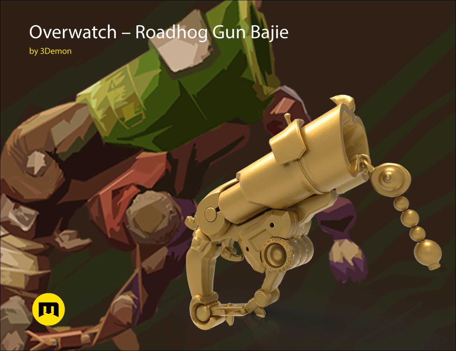 3D visualization of Overwatch Roadhog Gun Bajie, gold textured 3D print cosplay prop, side view