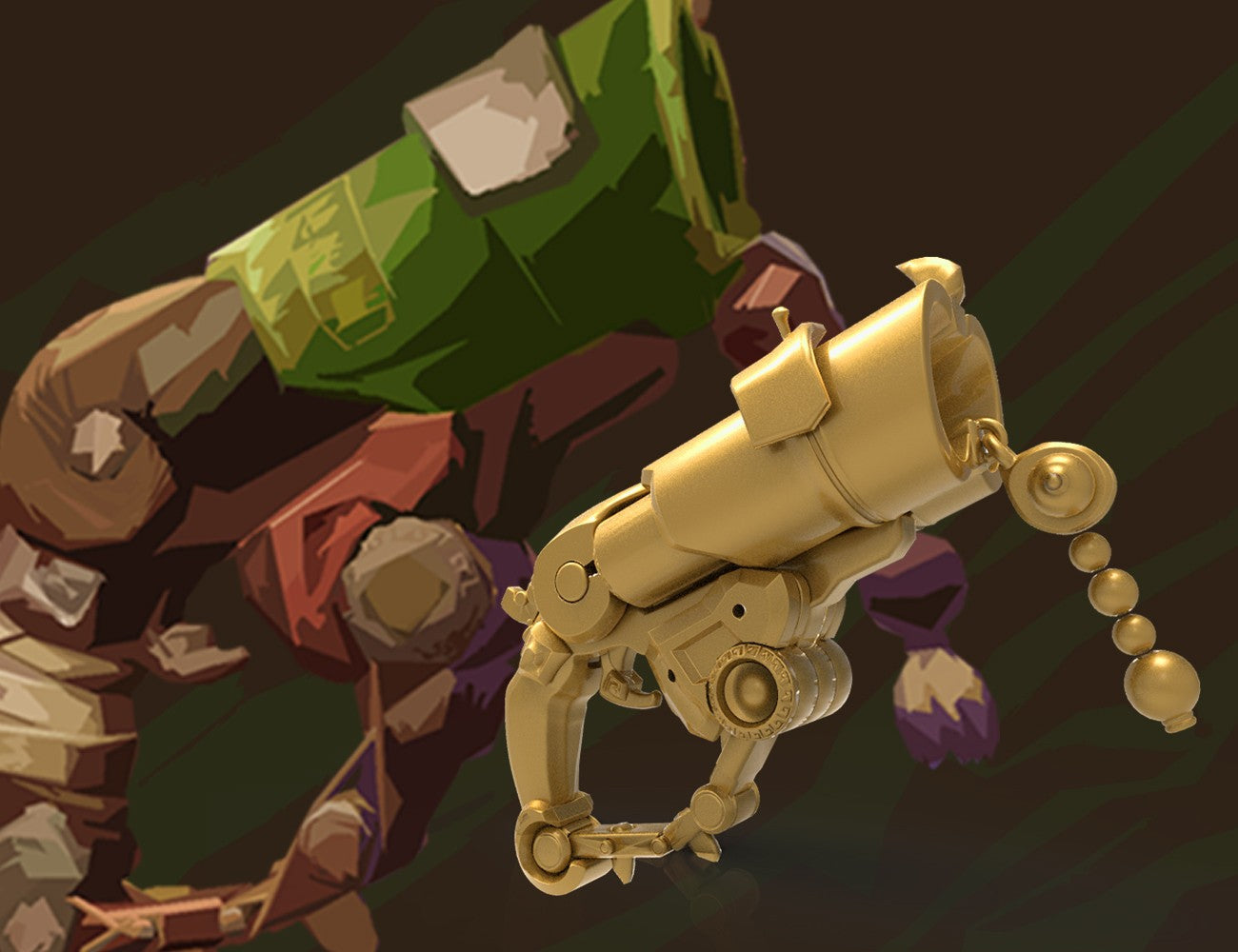 Digital 3D render of Overwatch Roadhog Gun Bajie, golden mechanical grip with chain detail, 3D print cosplay prop.