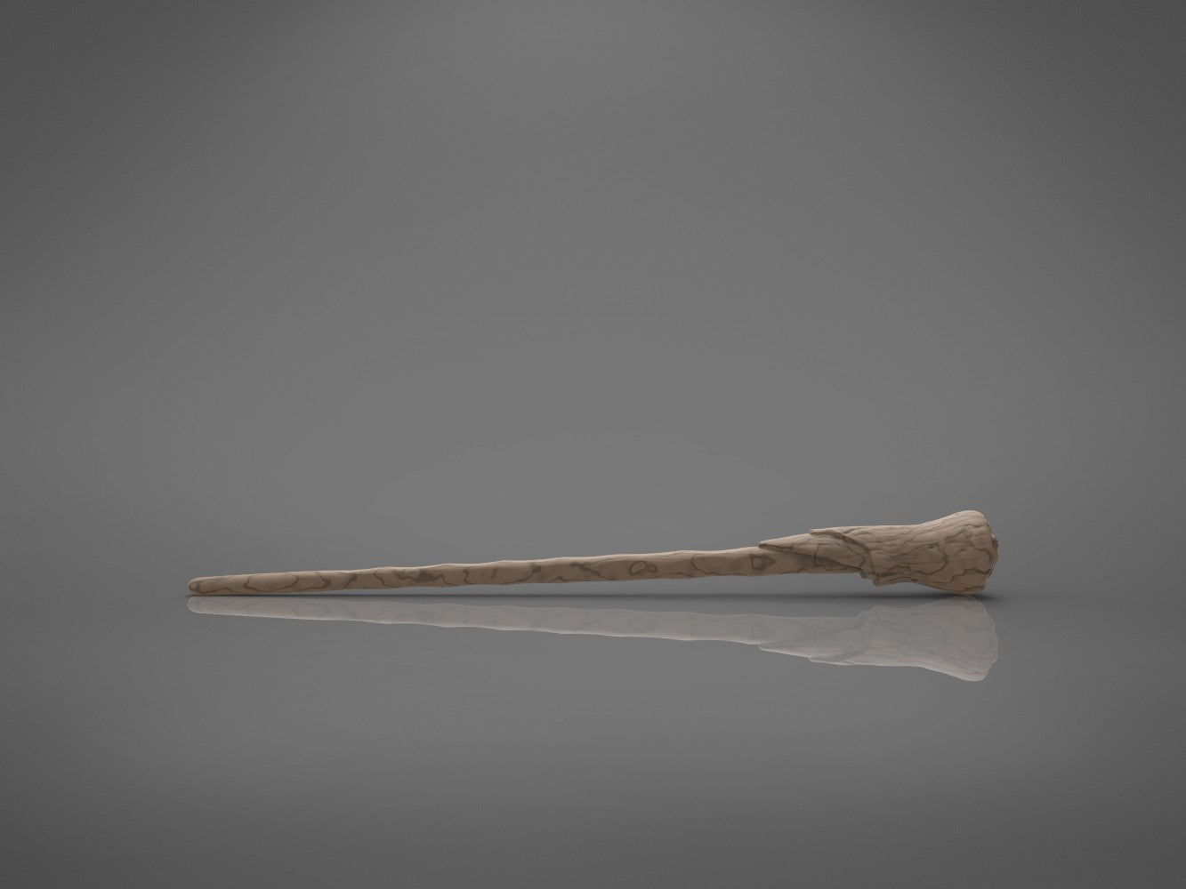 Back perspective render of full grey Ron Weasley's 2nd wand 3D model showing straight shaft and carved handle